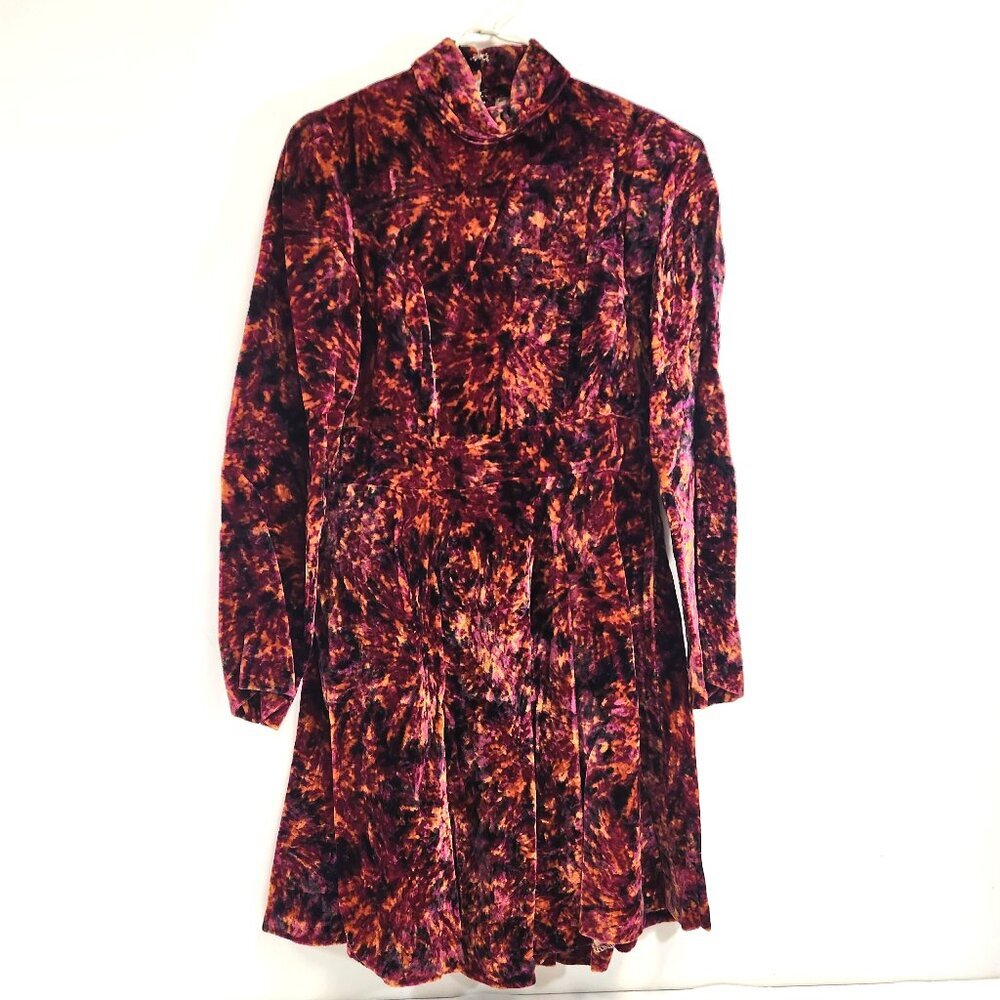 Vintage Handmade Velvet Floral Abstract Red Long Sleeve Dress